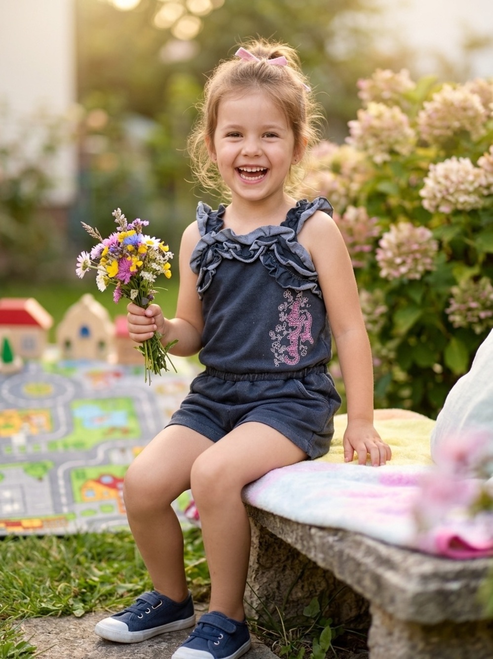 Calvin Klein Navy Ruffle Romper with Pink Seahorse Accent